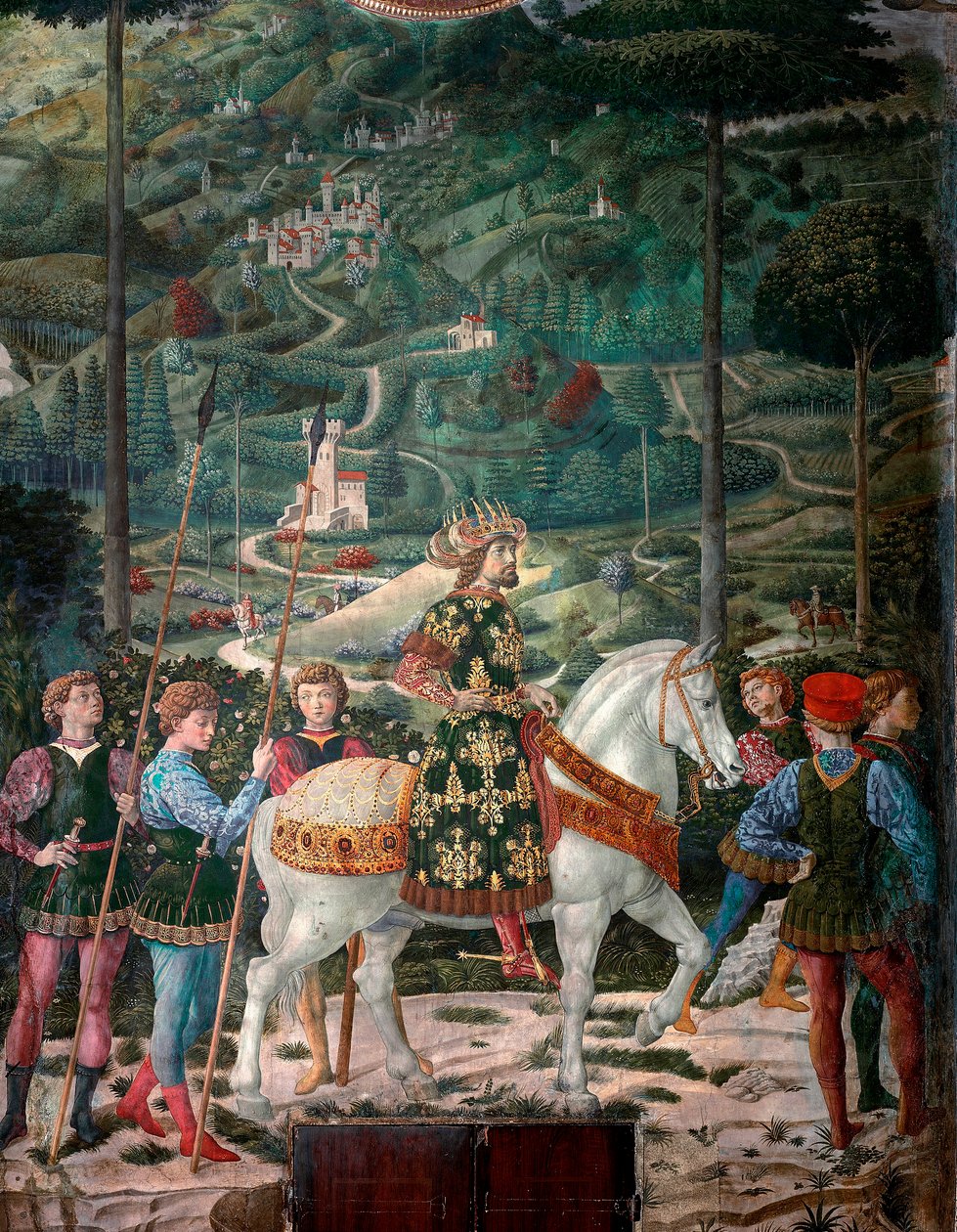 拜占庭皇帝《贤者之旅》。 Cortege of the Magi of Jerusalem a Bethleem 在意大利语中称为“Viaggio dei Magi”或“Cavalcata dei Magi”。 代表拜占庭皇帝约翰八世的细节（1392-1448）。 细节。 Mag 的壁画 作者 Benozzo di Les di Sandro Gozzoli