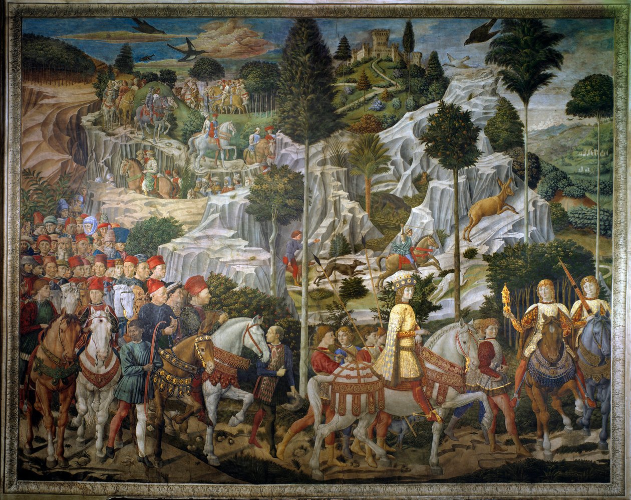魔法师之旅。 Cortege of the Magi of Jerusalem a Bethleem 在意大利语中称为“Viaggio dei Magi”或“Cavalcata dei Magi”。 景观细节。 Benozzo di Lese di Sandro dit Benozzo Gozzoli 贤士教堂东墙壁画（1421-14 年） 作者 Benozzo di Les di Sandro Gozzoli