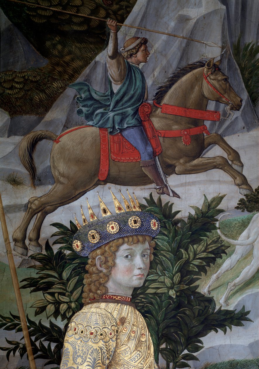 伯利姆耶路撒冷法师的航行 用意大利语“Viaggio dei Magi”或“Cavalcata dei Magi” 年轻法师在 Laurent the Magnificent (Laurent de Medici) 面前的细节 魔术师，t 的细节 作者 Benozzo di Les di Sandro Gozzoli