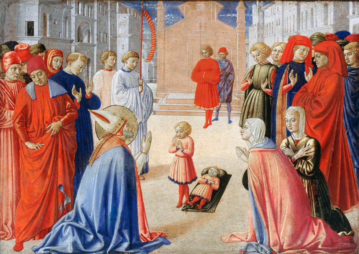 Zenobe de Florence (Saint Zenobe, San Zanobi ou Zenobio) (337-417) - Saint Zenobius 从死里复活了一个男孩 - Peinture de Gozzoli, Benozzo (ca 1420-1497) 作者 Benozzo di Les di Sandro Gozzoli