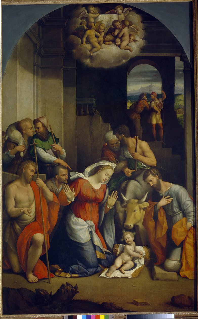 基督圣婴的崇拜(基督之子的崇拜）。Benvenuto Tisi Da Garofalo（1481-1559 年）的画作，布面油画 作者 本韦努托·泰西·达·加洛法洛