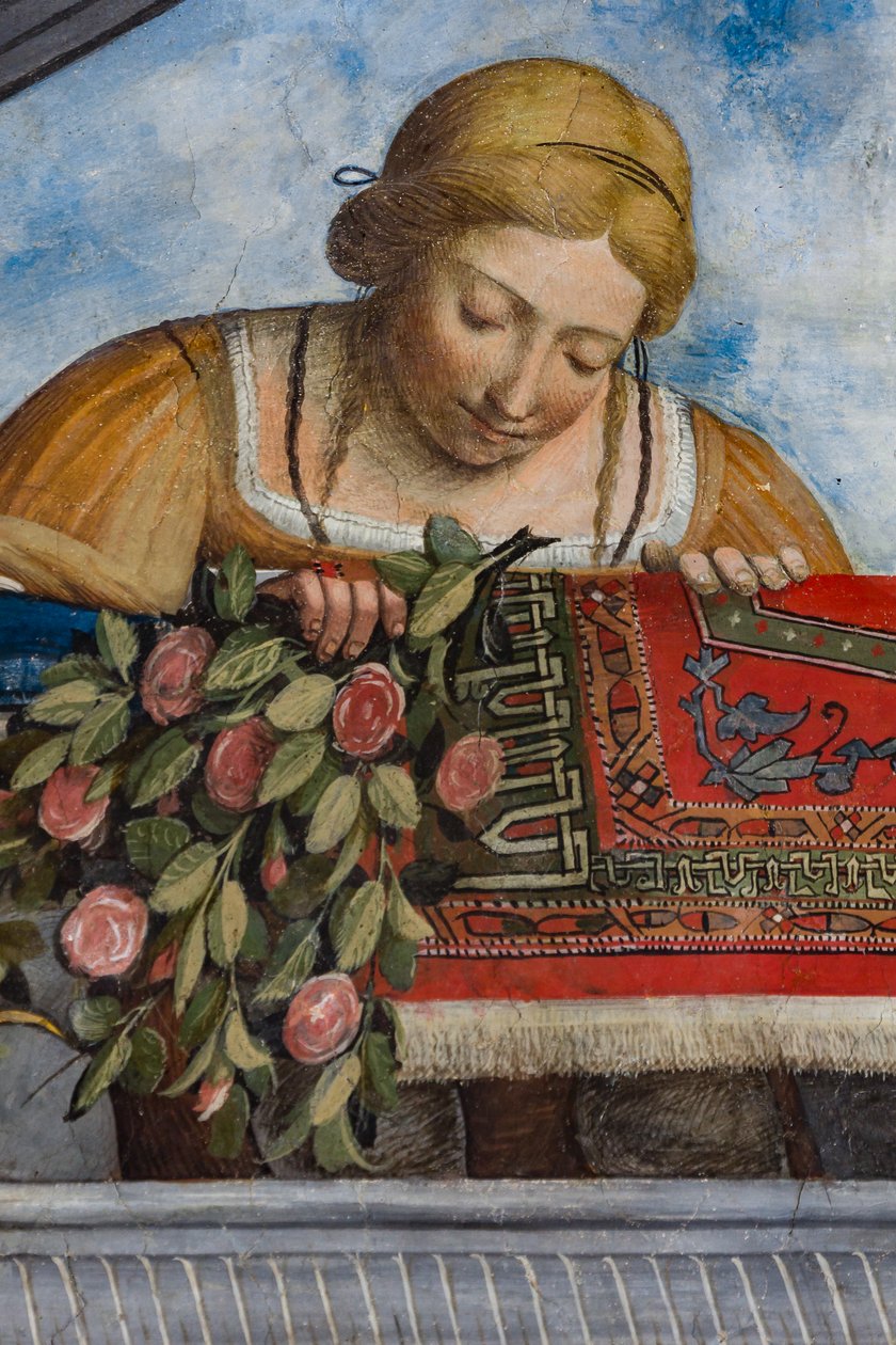 穿着黄色裙子和鲜花的女人，金库的细节，Aula Costabiliana o 宝藏大厅（壁画） 作者 本韦努托·泰西·达·加洛法洛