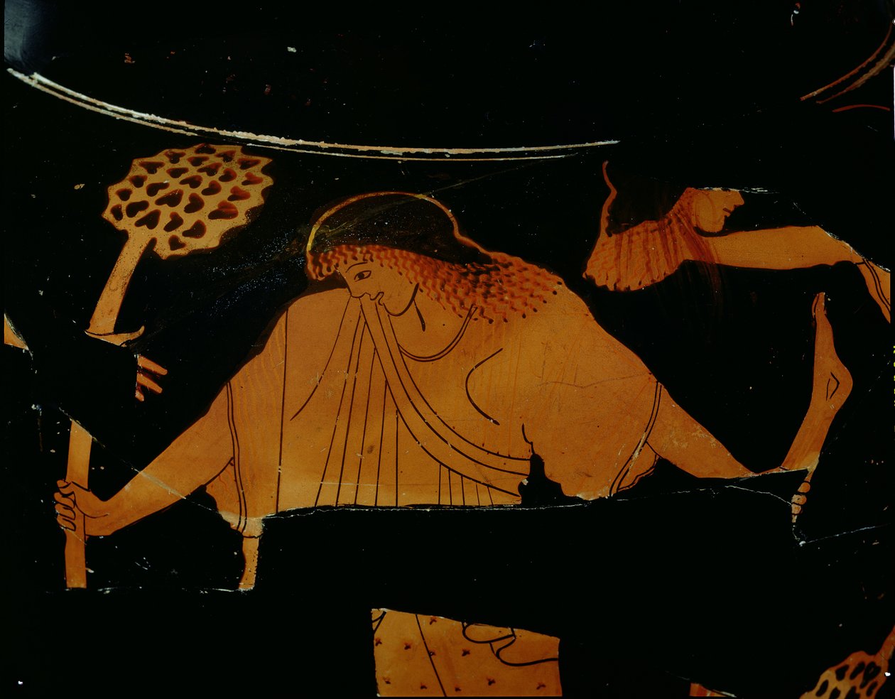 阁楼红色图stamnos装饰着一个maenad场景，撕裂Pentheus在酒神牺牲，发现于Cerveteri，公元前490  -  480年（陶瓷） 作者 柏林画家