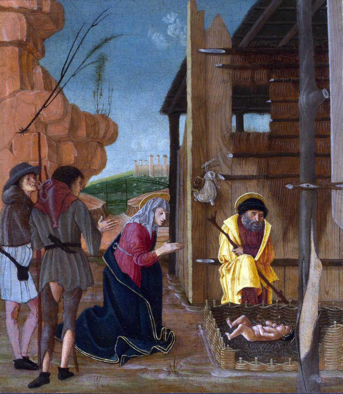 Butinone, Bernardino (活跃 1450-1510) The Adoration of the Shepherds Tempera on panel ca 1485 National Gallery, London 24,8x21,6 作者 贝纳迪诺·雅各比·布蒂诺内