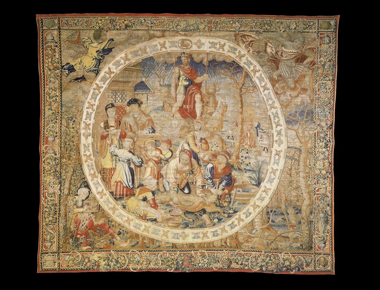 布鲁塞尔寓言挂毯，描绘“纪念章月份”的十二月，c.1525 作者 伯纳特·范·奥利