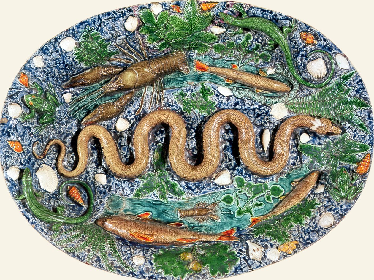 大型椭圆形盘子，用爬行动物和鱼（陶器）浮雕成型 作者 伯纳德·帕利西