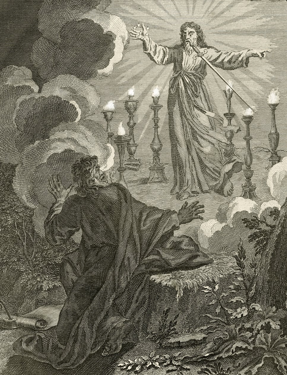 耶稣出现在启示录中，右手拿着七颗星，嘴里有一把双刃剑，1763年 作者 伯纳德·皮卡特