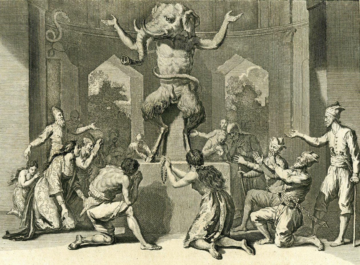 锡兰人崇拜上帝Ganesh，智慧，健康和财富的提供者，1729年（铜版雕刻） 作者 伯纳德·皮卡特