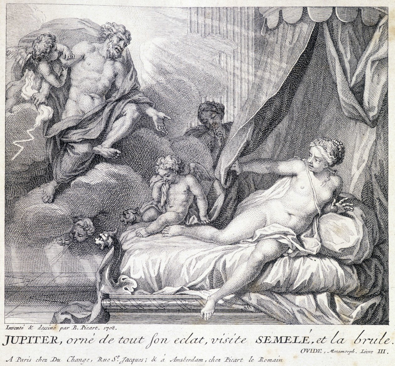Jupiter (Zeus) burns Semele with his lightning. Engraving of the 18th century after the drawing of B. Picart made in 1708. 作者 伯纳德·毕卡特（Picart）