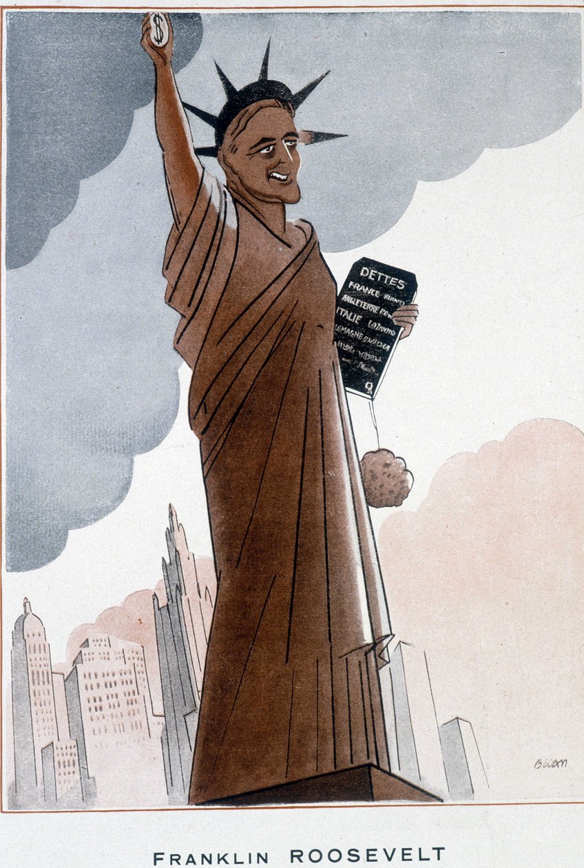 Cartoon by Franklin Roosevelt in Statue of Liberty - Illustration by Bernard Becan (Bernhard Kahn) (1890-1943) In “” Fantasio””” from 01/12/1932 作者 伯纳德·贝坎
