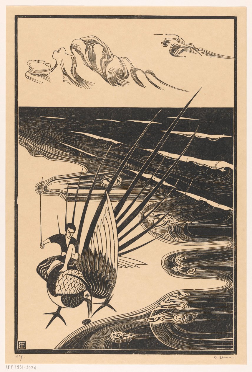 Figuur zittend op een fazant op het strand 作者 Bernard Essers（艺术家签名）