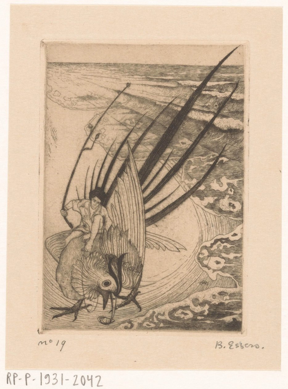 人物坐在海滩上的野鸡上 作者 Bernard Essers（艺术家签名）