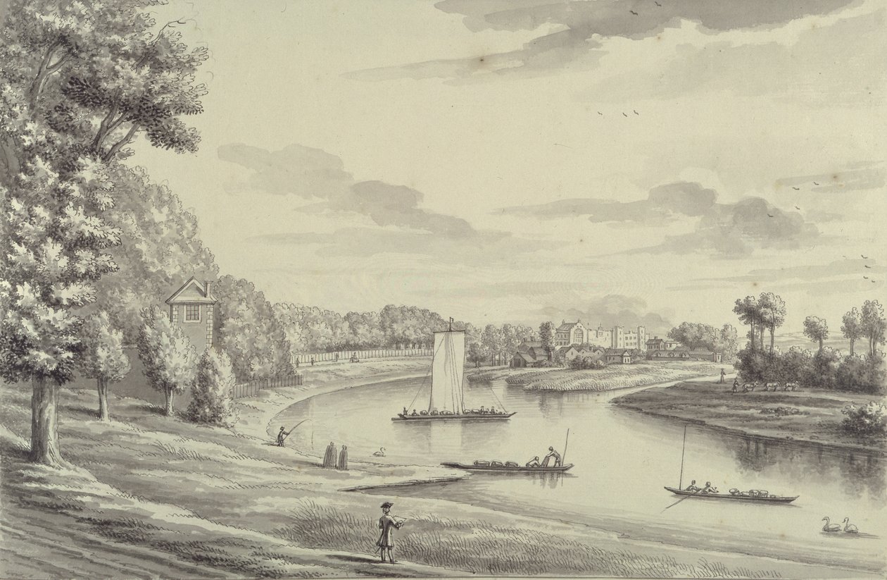 汉普顿法院渡轮和汉普顿教堂的西视图，距离，1731-33（笔和黑色墨水，在纸上洗） 作者 伯纳德三世镜头
