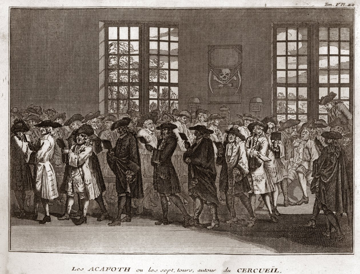 一群犹太送葬者在葬礼上表演“Acafoth” 伯纳德·皮卡特 (1723-1743) 1819 年私人收藏的“世界各国人民的仪式和宗教习俗的插图”雕刻 作者 伯纳德·皮卡特