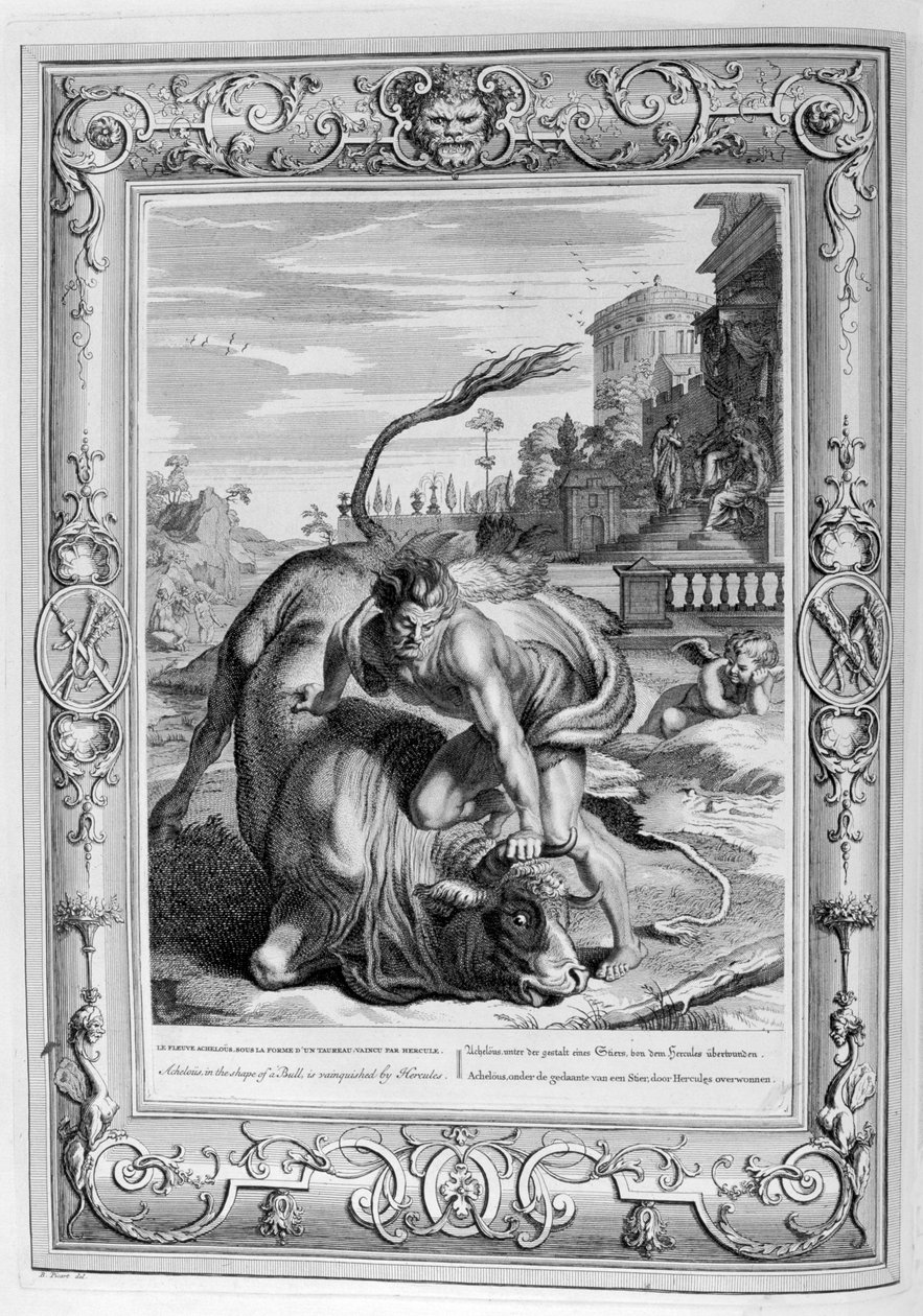 公牛形状的白腹犬被大力神（Hercules）征服，1733年 作者 伯纳德·皮卡特
