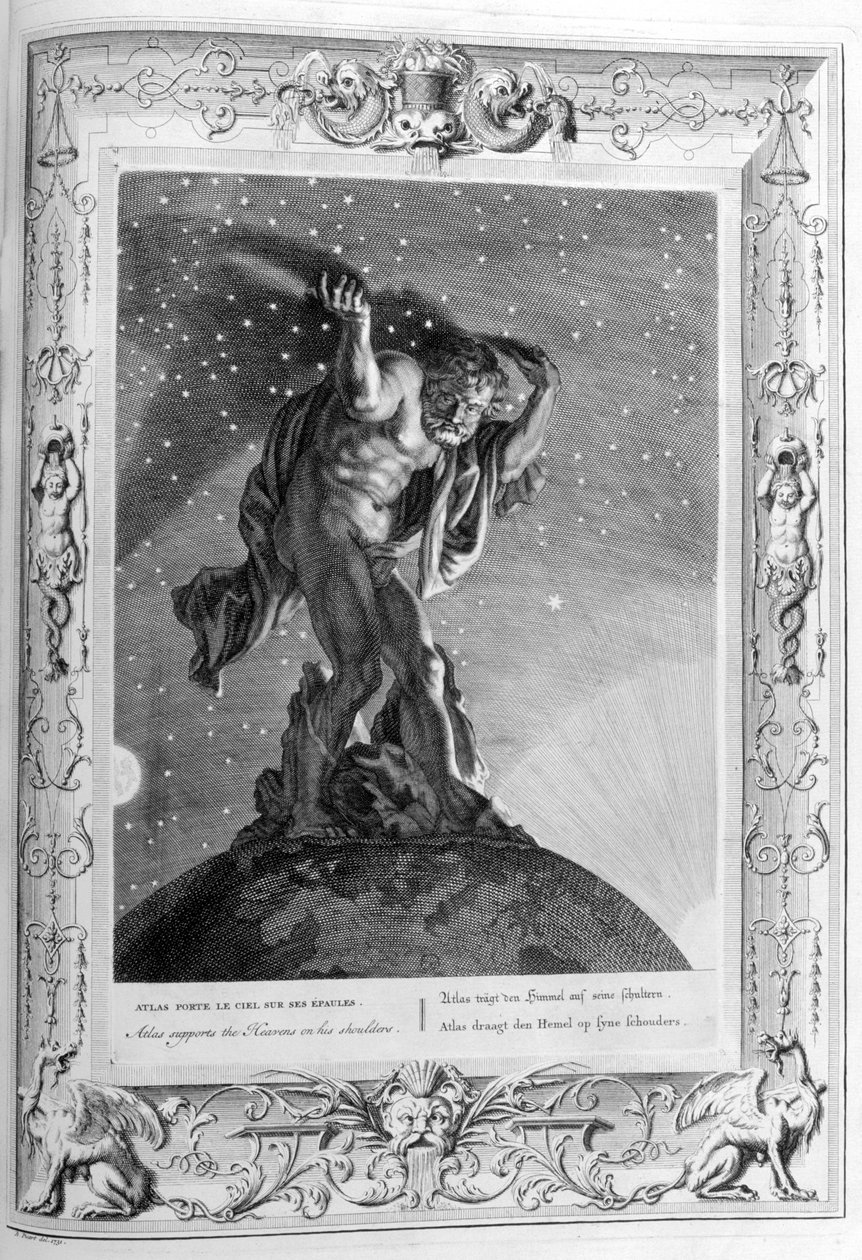 阿特拉斯（Atlas）在他的肩膀上支撑天堂，1733年 作者 伯纳德·皮卡特