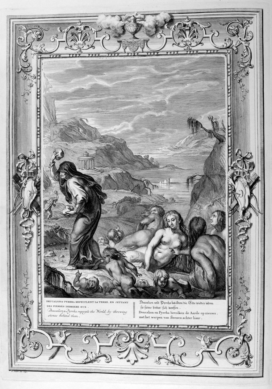 迪卡利翁（Deucalion）和皮拉（Pyrrha）通过在石头后面扔石头来重塑世界，1733年 作者 伯纳德·皮卡特