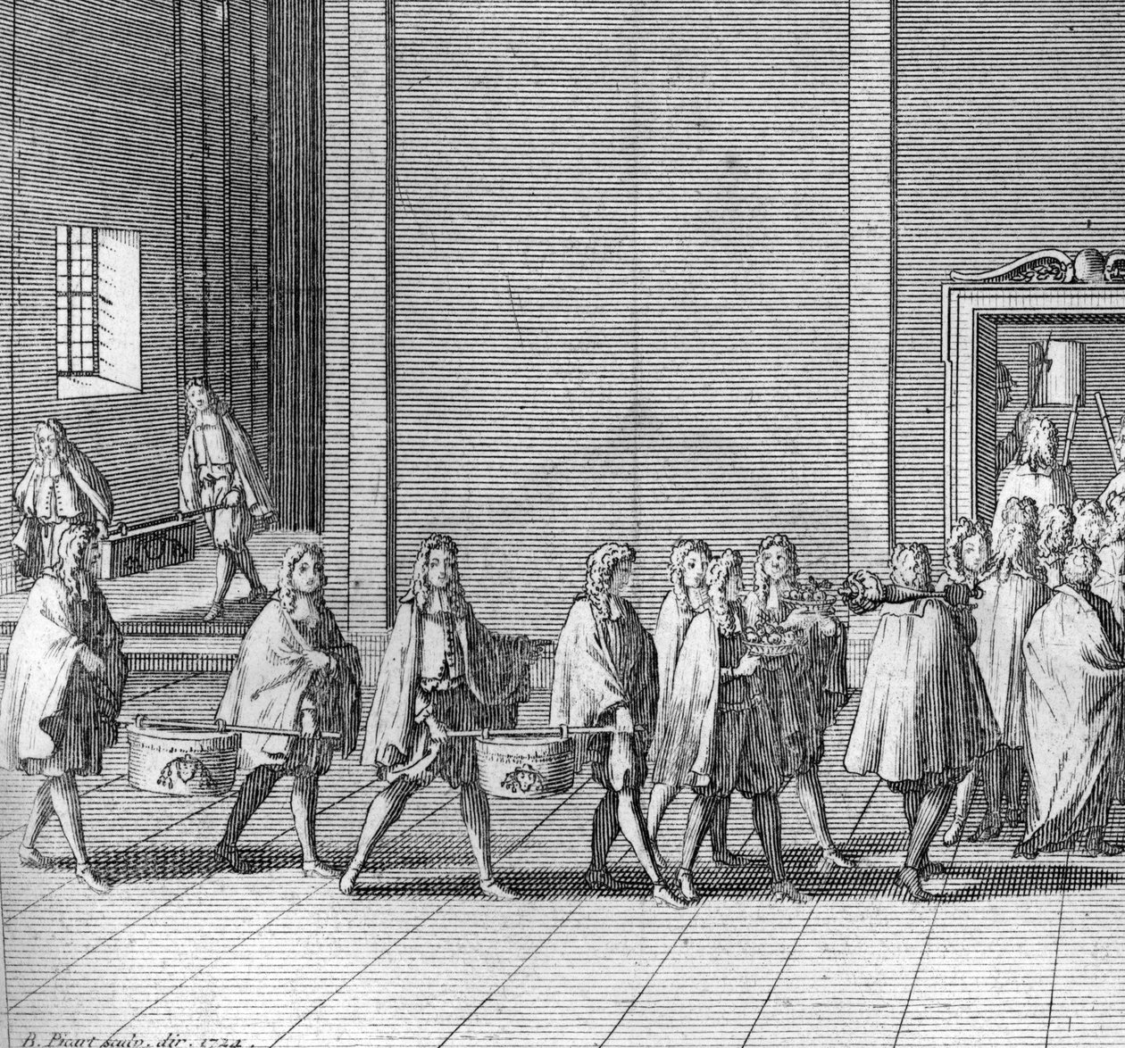 Different stages of the conclave, meeting of the cardinals for the election of a new pope: the rations are made during the conclave (Vatican: arrival of food during the conclave) Engraving from “” Illustration of religious ceremonies and customs of all peo 作者 伯纳德·皮卡特