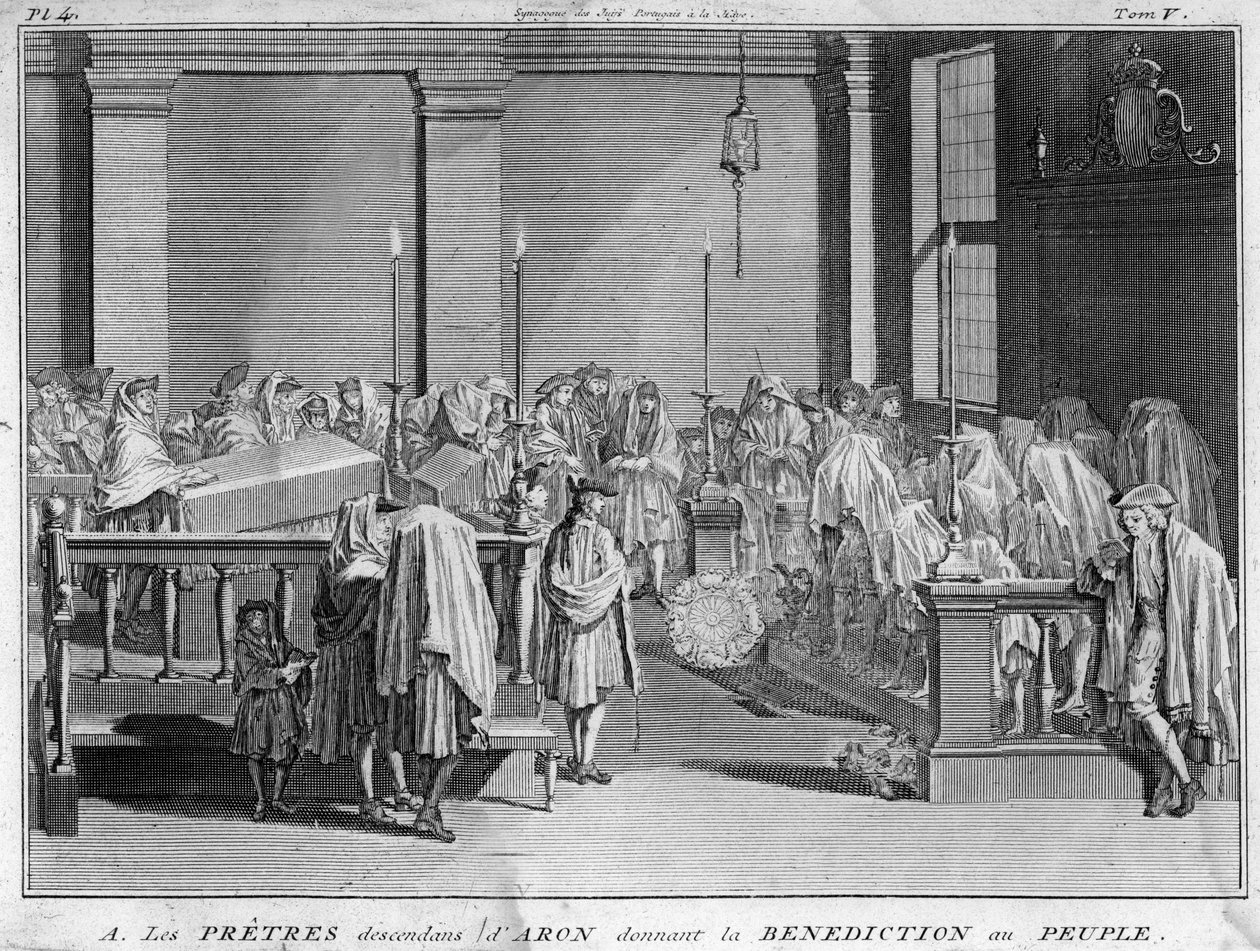 High Priest of Israel belonging to the Jewish priestly families that trace their paternal line back to Aaron give their benediction to the Jewish people Engraving from “” Illustration de ceremonies et customs religieuses de tous les peuples du monde”” by B 作者 伯纳德·皮卡特
