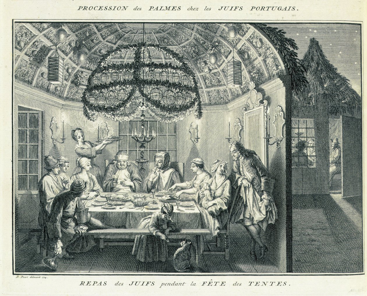 在住棚节期间的犹太人膳食，来自“宗教仪式和习俗”的插图，1724年 作者 伯纳德·皮卡特