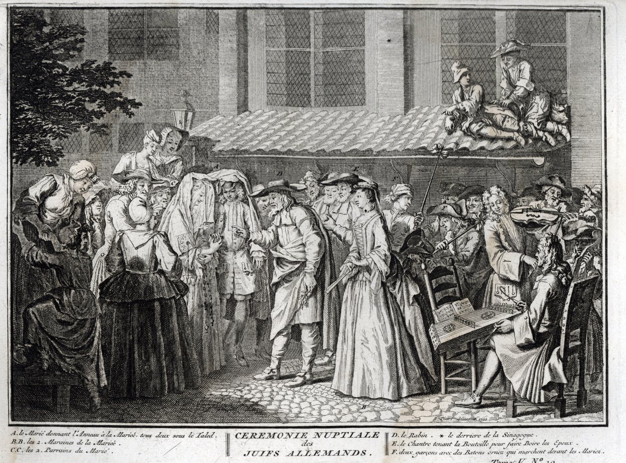 德国犹太社区中的犹太婚礼 来自伯纳德·皮卡特 (Bernard Picart) (1723-1743) 1819 年私人收藏的“世界各国人民的仪式和宗教习俗的插图”雕刻 作者 伯纳德·皮卡特