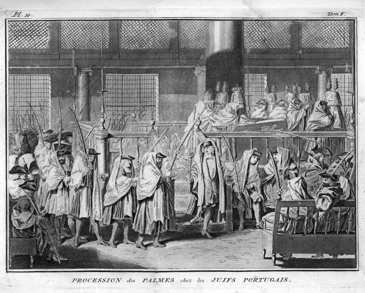 犹太教：葡萄牙犹太人社区庆祝棕榈树游行 来自 Bernard Picart (1723-1743) 1819 年私人收藏的“Illustration de ceremonies et custom religieuses de tous les peuples du monde”版画 作者 伯纳德·皮卡特