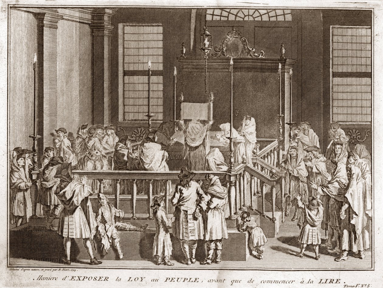 犹太教：阅读前在犹太教堂展示《妥拉》) 雕刻自 Bernard Picart (1723-1743) 1819 年私人收藏的“仪式和习俗宗教插图”” 作者 伯纳德·皮卡特