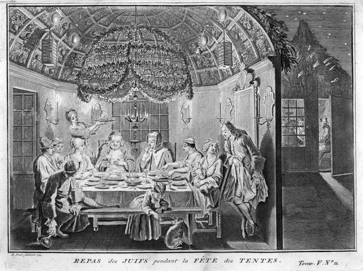 犹太教：犹太人民在Sukkot（succot或Sukkos）节期间的膳食。 雕刻自 "Illustration de ceremonies et customs religieuses de tous les peuples du monde" by Bernard Picart (1723-1743) 1819 私人收藏 作者 伯纳德·皮卡特