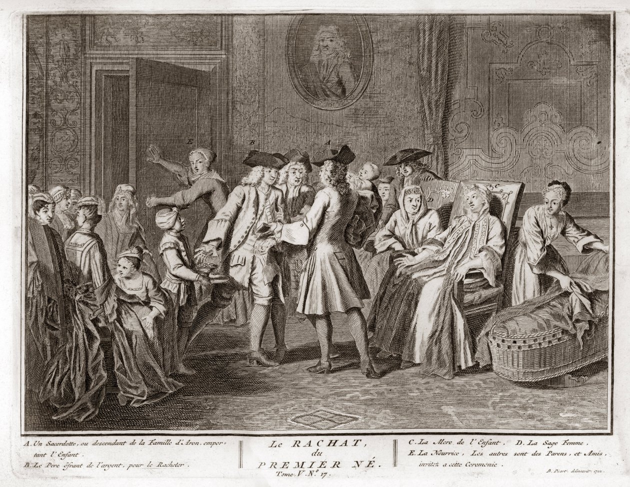 Judaism: the tradition of the redemption of the first-born son, a mitzvah in Judaism whereby a Jewish firstborn son is redeemed by use of silver coins from his birth-state of sanctity) Engraving from “Illustration de ceremonies et customs religieuses de to 作者 伯纳德·皮卡特