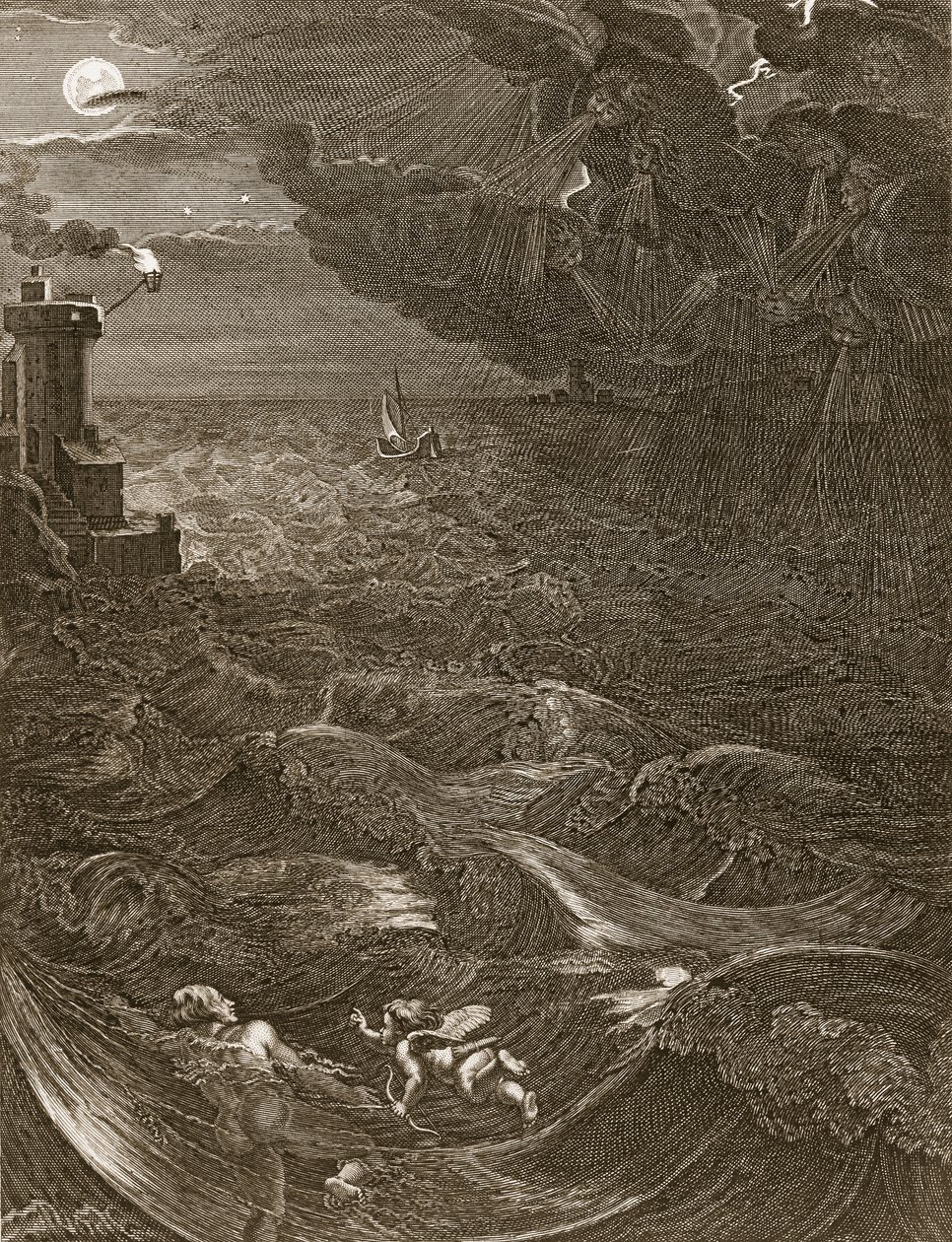 Leander游过Hellespont迎接他的女主人英雄，1730年 作者 伯纳德·皮卡特