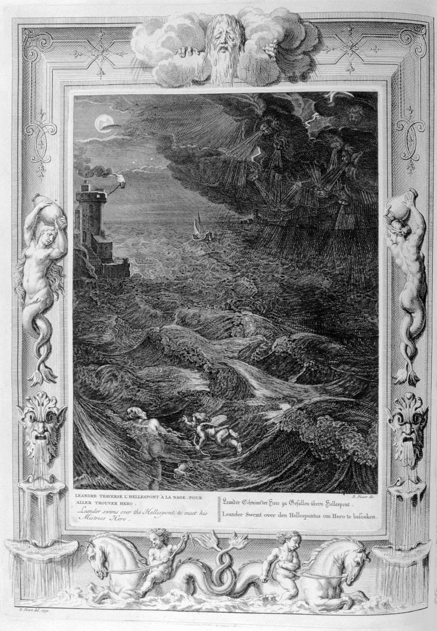 莱安德（Leander）在海勒斯庞（Hellespont）上遇见他的情妇英雄，1733年 作者 伯纳德·皮卡特