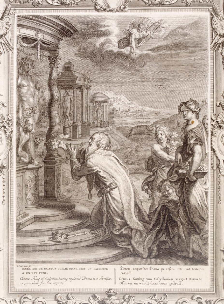 Olyneus，Calydon的国王，在牺牲中忽视戴安娜，因为他的虔诚而受到惩罚，1731年 作者 伯纳德·皮卡特
