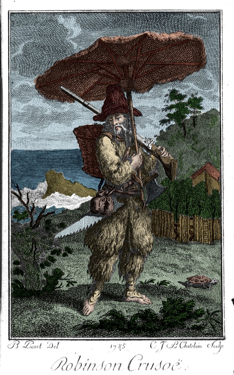 鲁滨逊漂流记在他的荒岛上的表现。 Bernard Picart (1673-1733) 的版画描绘了 Daniel Defoe 或 De Foe (1660-1731) 的小说 作者 伯纳德·皮卡特