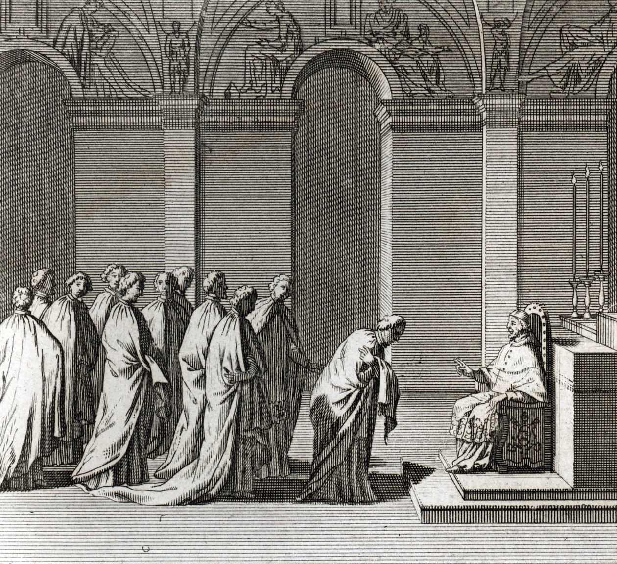 Solemn Inauguration of the Pontificate: “” The Adoration of the Pope in the Sistine Chapel”” (Papal Inauguration: Worshiping of the Pope in the Sistine Chapel) Engraving from “” Illustration of Ceremonies and Religious Customs of All Peoples of the World”” 作者 伯纳德·皮卡特