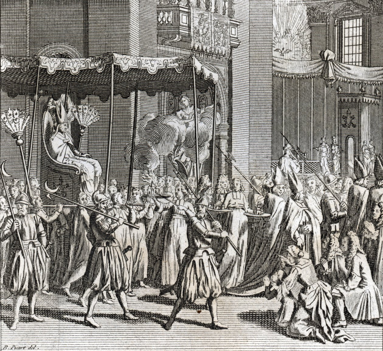 庄严的教皇就职典礼：燃烧一块布）伯纳德·皮卡特（Bernard Picart，1723-1743 年）1819 年私人收藏的“世界各国人民的仪式和宗教习俗图解”版画 作者 伯纳德·皮卡特