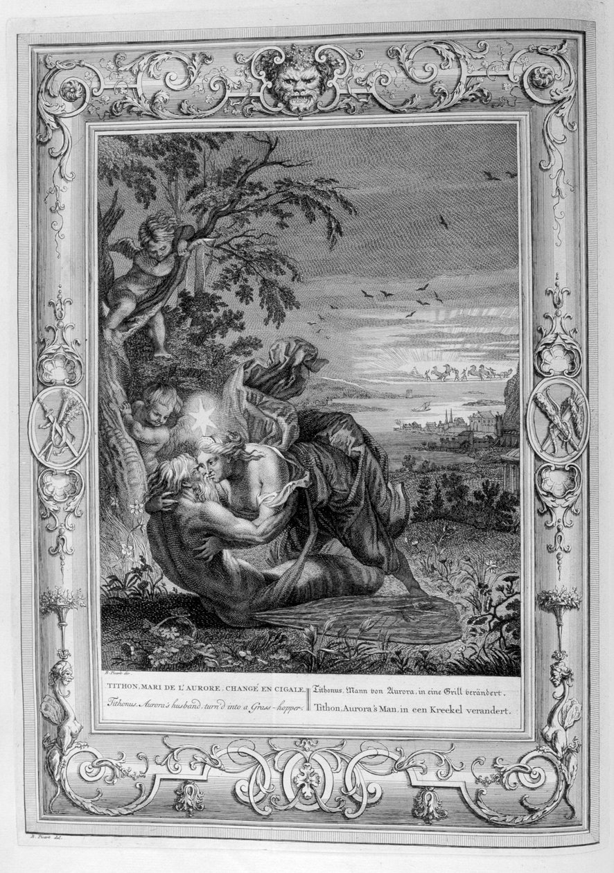 提奥努斯（Tithonus），奥罗拉斯（Auroras）丈夫，变成了蚱hopper，1733年 作者 伯纳德·皮卡特