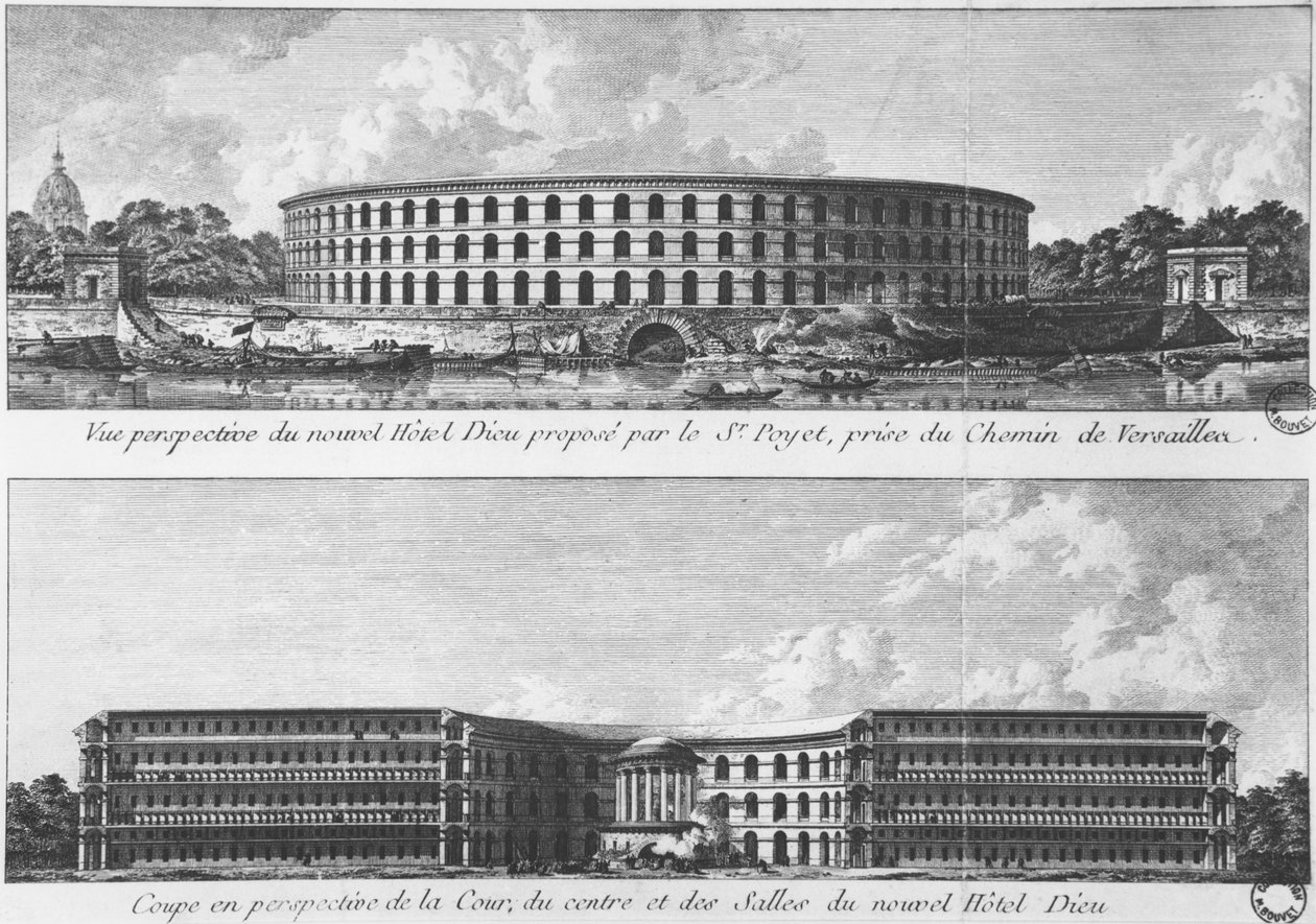 在巴黎Ile aux Cygnes转让新酒店-Dieu的项目，c.1787（bw照片） 作者 伯纳德·波耶（Bernard Poyet）