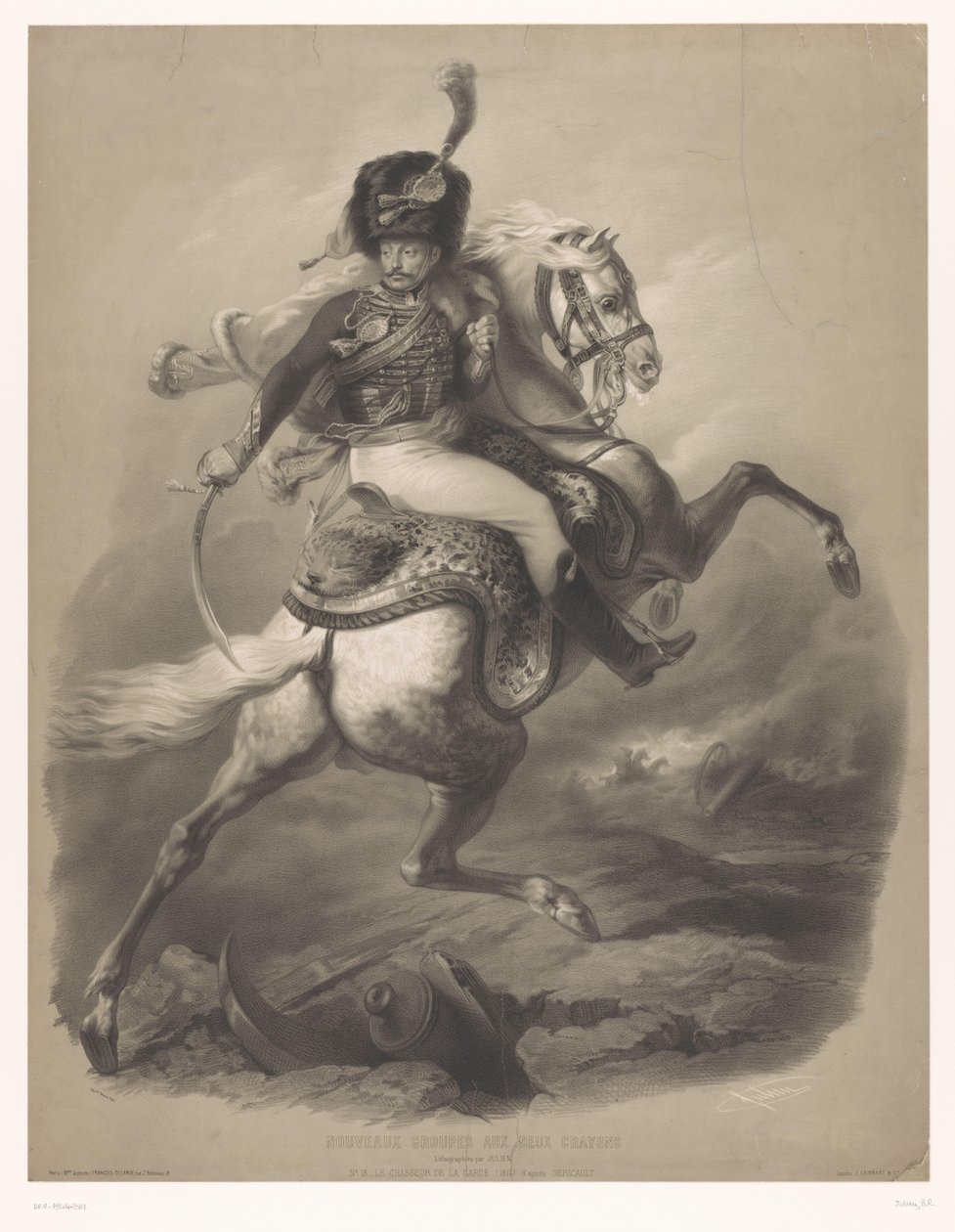 骑马进攻的军官
Le chasseur de la garde（物上标题）
使用两支蜡笔的新石版画（系列名称）
Nouveaux groupes aux deux crayons（作品名称） 作者 伯纳德·罗曼·朱利安