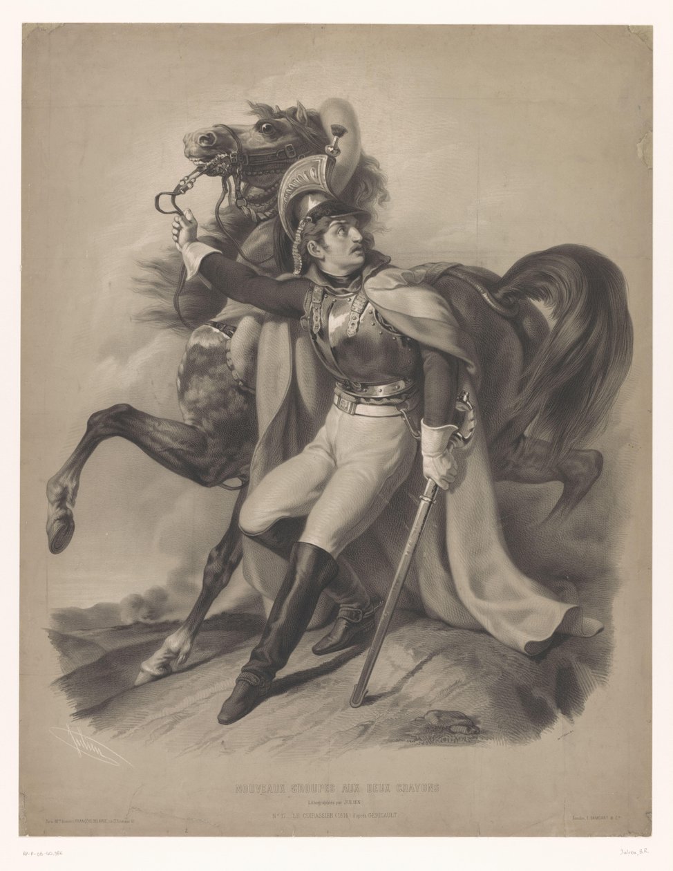马旁的骑兵
Le cuirassier（物品上的标题）
使用两支蜡笔的新石版画（系列名称）
Nouveaux groupes aux deux crayons（作品名称） 作者 伯纳德·罗曼·朱利安