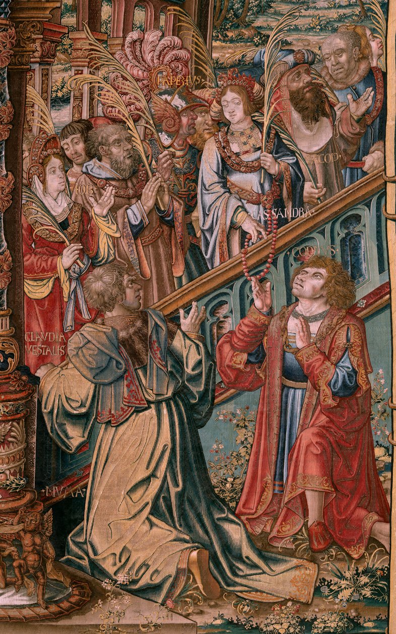 佛兰德挂毯荣誉系列。信仰》（La Fe）。该系列的第一幅挂毯。Bernard van Orley 和 Jan Gossaert (Mabuse) 圈子里的漫画家模特。制作地点：布鲁塞尔，彼得-凡-艾尔斯特（Pieter van Aelst）。约 1550 年。织物 金、银、丝和羊毛。 作者 伯纳德·范·奥利