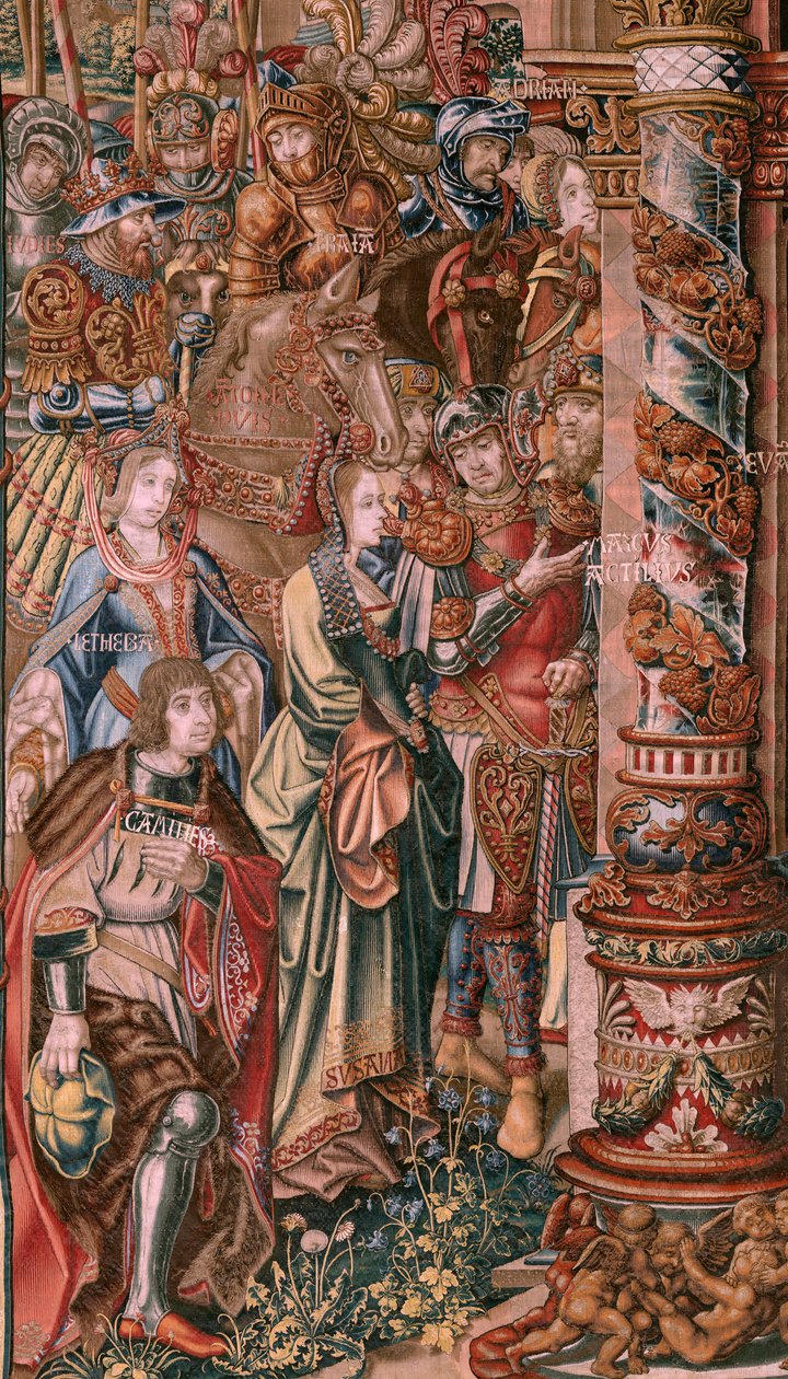 佛兰德挂毯荣誉系列。信仰》（La Fe）。该系列的第一幅挂毯。Bernard van Orley 和 Jan Gossaert (Mabuse) 圈子里的漫画家模特。制作地点：布鲁塞尔，彼得-凡-艾尔斯特（Pieter van Aelst）。约 1550 年。织物 金、银、丝和羊毛。 作者 伯纳德·范·奥利