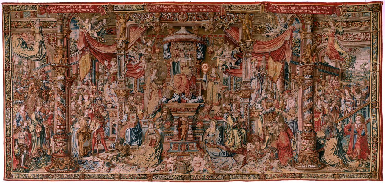 佛兰德挂毯荣誉系列。信仰》（La Fe）。该系列的第一幅挂毯。Bernard van Orley 和 Jan Gossaert (Mabuse) 圈子里的漫画家模特。制作地点：布鲁塞尔，彼得-凡-艾尔斯特（Pieter van Aelst）。约 1550 年。织物 金、银、丝和羊毛。 作者 伯纳德·范·奥利