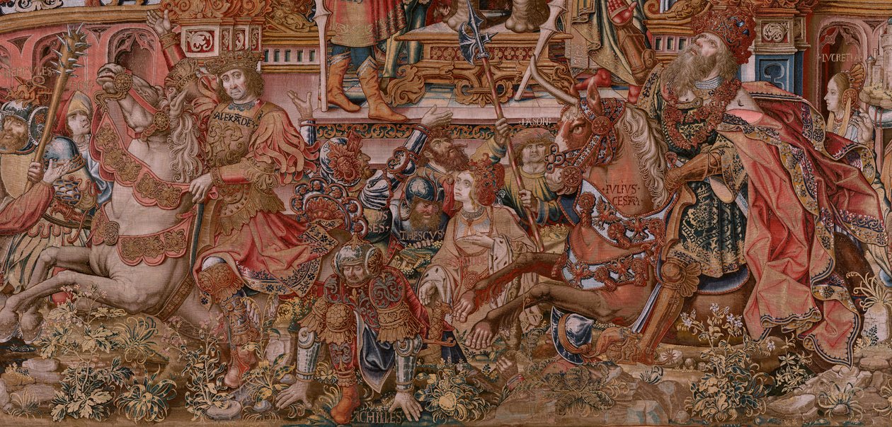 佛兰德挂毯荣誉系列。名声（La Fama）。系列挂毯中的第三幅。Bernard van Orley 和 Jan Gossaert (Mabuse) 圈子里的模范漫画家。制作地点：布鲁塞尔，彼得-凡-艾尔斯特（Pieter van Aelst）。约 1550 年。织物 金、银、丝和羊毛。 作者 伯纳德·范·奥利