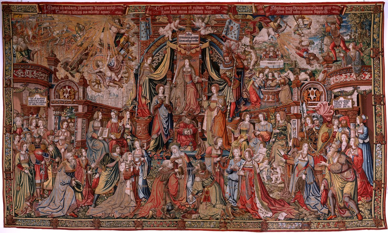 佛兰德挂毯荣誉系列。正义》（La Justicia, Los Honores）。系列挂毯的第九幅。Bernard van Orley 和 Jan Gossaert (Mabuse) 圈子里的漫画家模特。布鲁塞尔 Pieter van Aelst 制造。约 1550 年。织物 金、银、 作者 伯纳德·范·奥利
