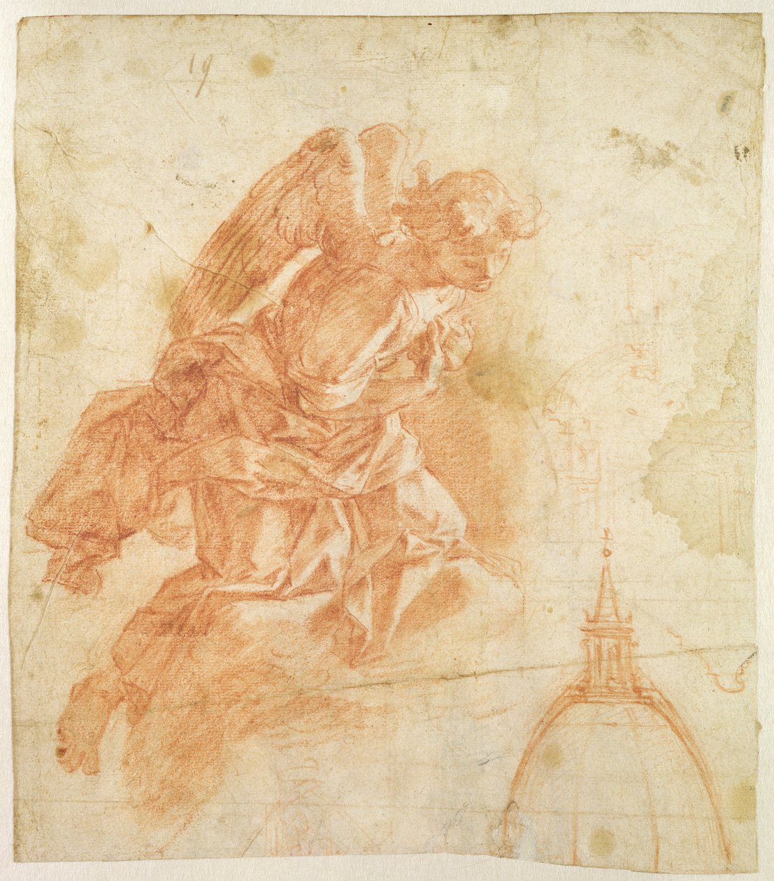 悬浮的天使和建筑素描，c.1600（纸上的红色粉笔） 作者 贝纳迪诺·巴巴特利·波切蒂