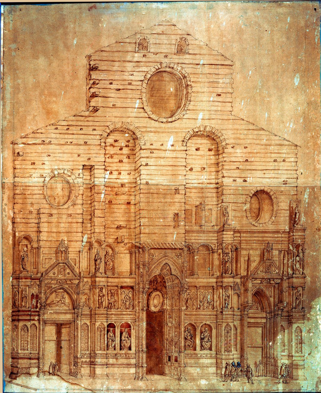 佛罗伦萨大教堂 (duomo) 的门面。 Bernardino Poccetti (Bernardino Barbatelli) (1548-1612) 用钢笔和血绘制。 101x58 厘米佛罗伦萨，Museo del 
