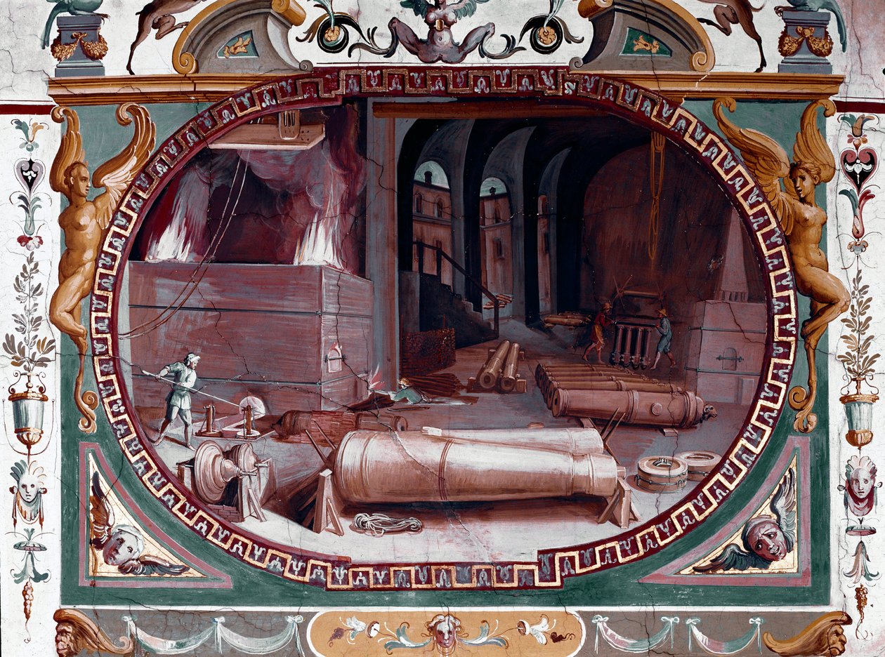 一家枪支铸造厂的车间代表。 壁画 by Bernardino Barbatelli dit Poccetti (1548-1612) 佛罗伦萨，乌菲兹美术馆（乌菲兹美术馆） 作者 贝纳迪诺·巴巴特利·波切蒂