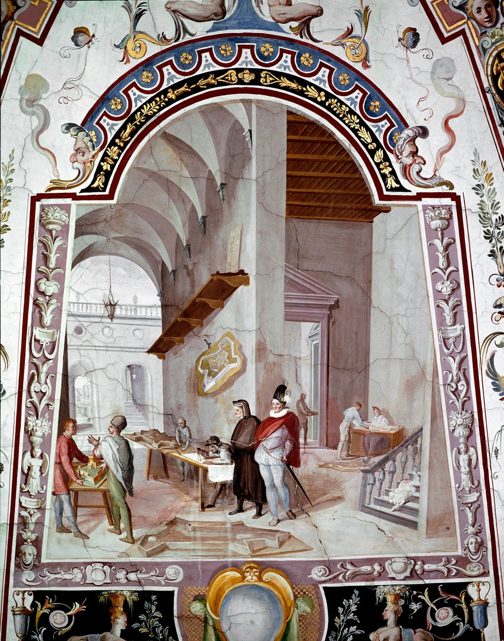 建筑师工作室的视图。 Bernardino Barbatelli 的壁画 dit il Poccetti (1548-1612) 17 世纪乌菲兹美术馆（办公室）佛罗伦萨 作者 贝纳迪诺·巴巴特利·波切蒂