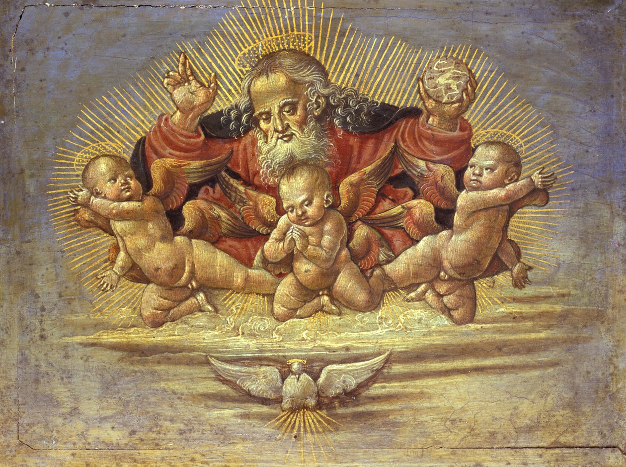 祭坛画的一部分描绘了三位天使的父亲，c.1500（木头上的蛋彩画） 作者 贝纳迪诺真菌