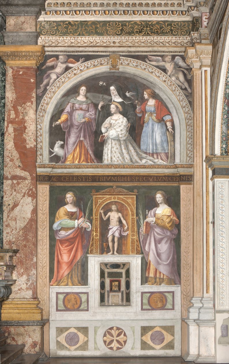 Ippolita Sforza with Saint Agnes and Saint Catherine and below Saint Apollonia and Saint Lucy, c.1522-25 (fresco) (detail of 3497192) 作者 贝纳迪诺·路易尼